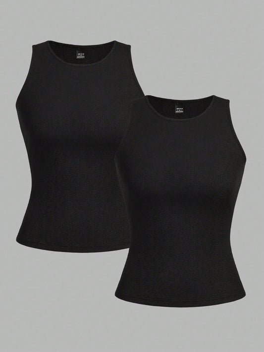 EZwear 2pcs Black Cropped Sexy Tight Fit Camisole Tops For Women, Suitable For Summer