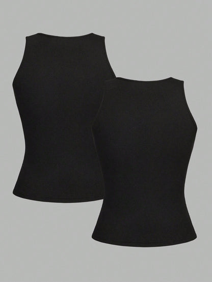 EZwear 2pcs Black Cropped Sexy Tight Fit Camisole Tops For Women, Suitable For Summer