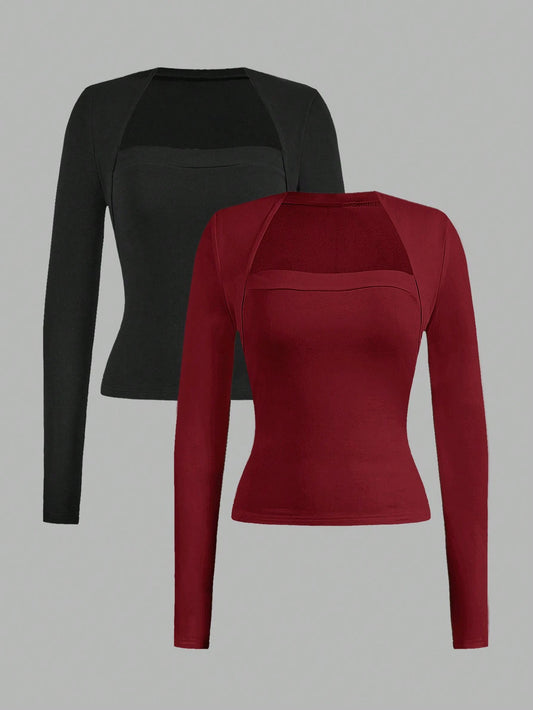 EZwear 2pcs/Set Women Casual Slim Fit Long Sleeve T-Shirt, Suitable For Autumn & Winter Autumn And Winter