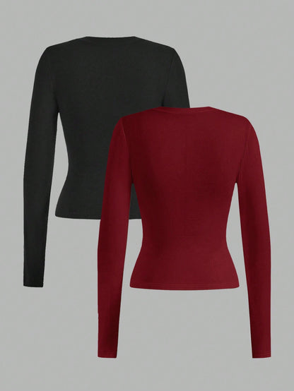 EZwear 2pcs/Set Women Casual Slim Fit Long Sleeve T-Shirt, Suitable For Autumn & Winter Autumn And Winter