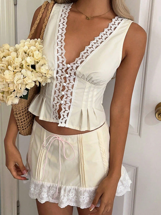 EZwear 2pcs/Set Women Lace Patchwork V-Neck Sleeveless Top And Skirt Set Vacation Cream White Summer Cute Elegant
