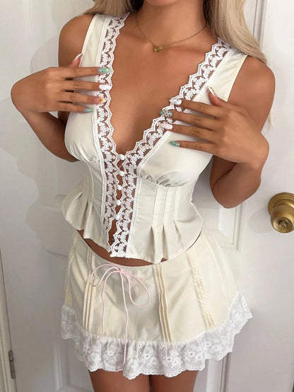 EZwear 2pcs/Set Women Lace Patchwork V-Neck Sleeveless Top And Skirt Set Vacation Cream White Summer Cute Elegant