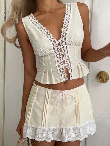 EZwear 2pcs/Set Women Lace Patchwork V-Neck Sleeveless Top And Skirt Set Vacation Cream White Summer Cute Elegant