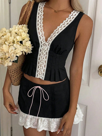 EZwear 2pcs/Set Women Lace Patchwork V-Neck Sleeveless Top And Skirt Set Vacation Cream White Summer Cute Elegant