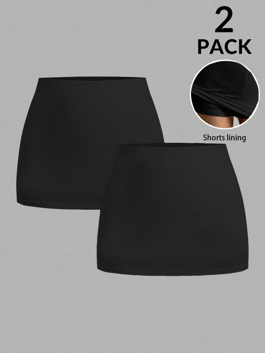 EZwear 2pcs Women's Solid Color Elastic Waist Casual Leggings Skirt Black With Shorts Skort Curve Mini For Women Low Rise Skirts Skorts
