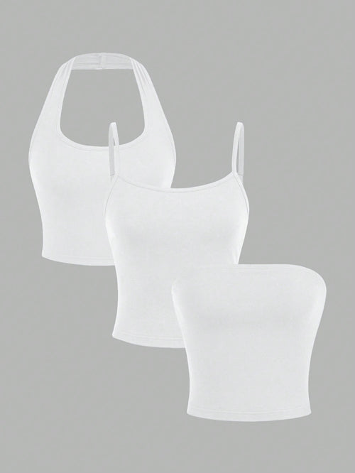 EZwear 3 Pcs/Set White Basic Casual Sexy Camisole & Tube Top Summer