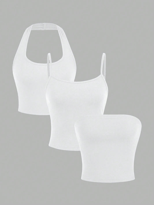 EZwear 3 Pcs/Set White Basic Casual Sexy Camisole & Tube Top Summer