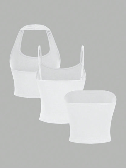 EZwear 3 Pcs/Set White Basic Casual Sexy Camisole & Tube Top Summer