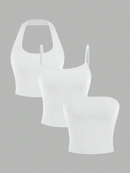 EZwear 3 Pcs/Set White Basic Casual Sexy Camisole & Tube Top Summer