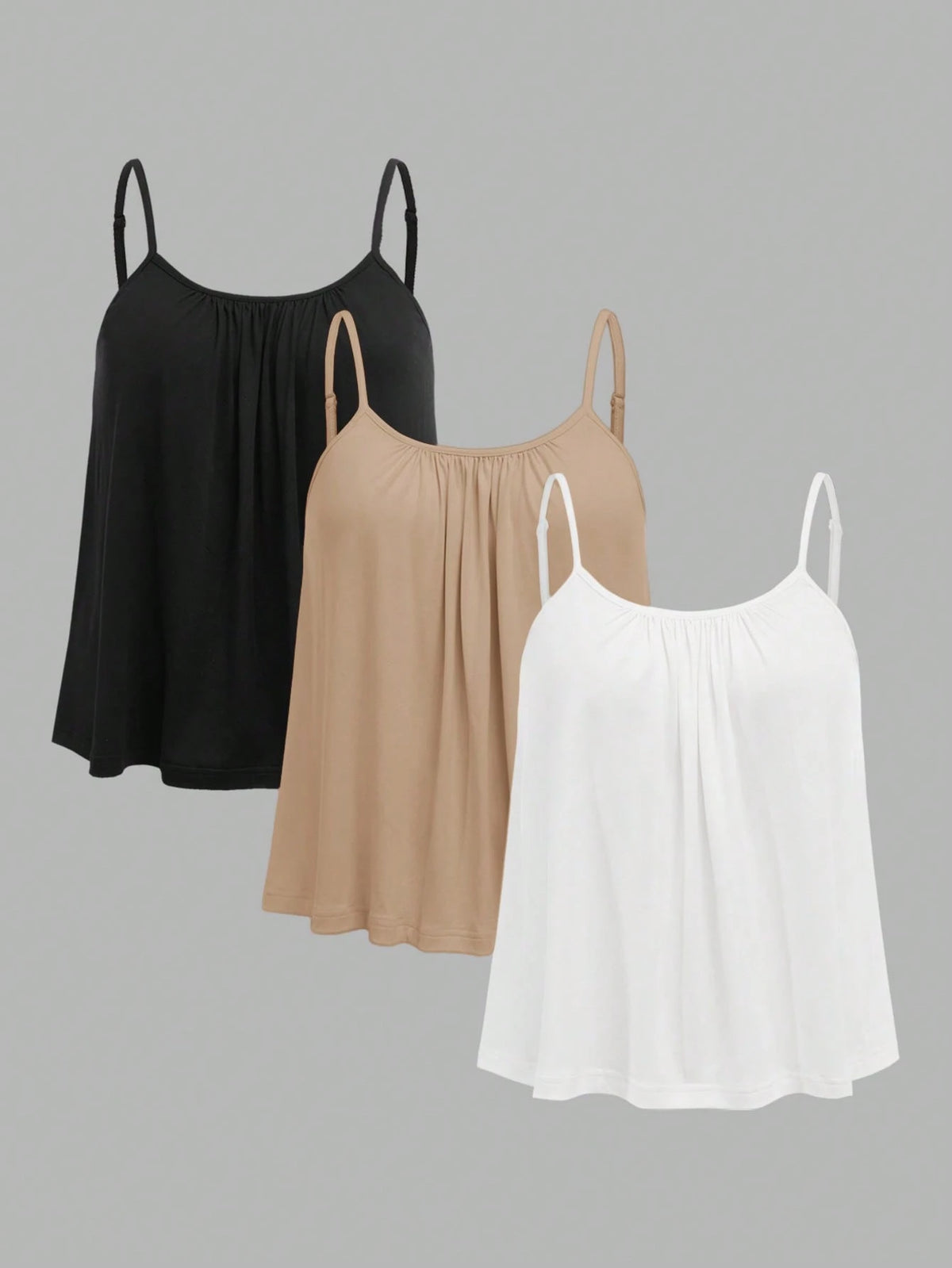 EZwear 3pcs/Set Plus Size Women's Solid Pleated Loose Camisole,Adjustable Straps Casual Summer Outfits,Black And White,Khaki,Beach Holiday,Family Matching