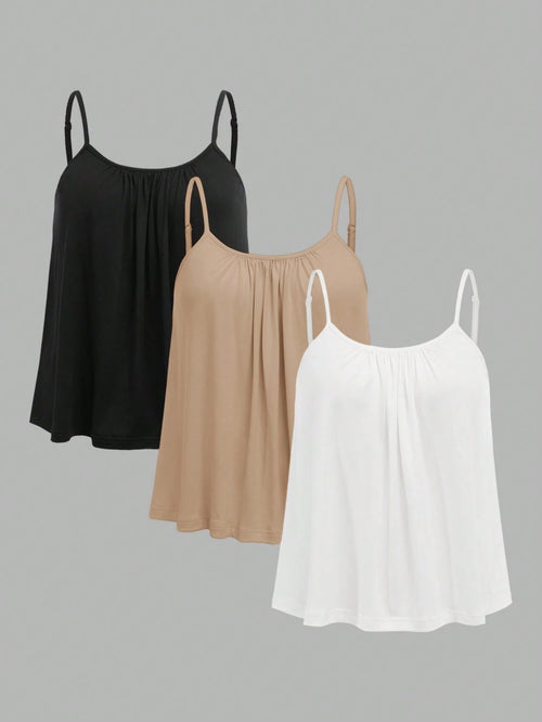 EZwear 3pcs/Set Plus Size Women's Solid Pleated Loose Camisole,Adjustable Straps Casual Summer Outfits,Black And White,Khaki,Beach Holiday,Family Matching