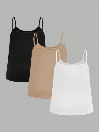 EZwear 3pcs/Set Plus Size Women's Solid Pleated Loose Camisole,Adjustable Straps Casual Summer Outfits,Black And White,Khaki,Beach Holiday,Family Matching