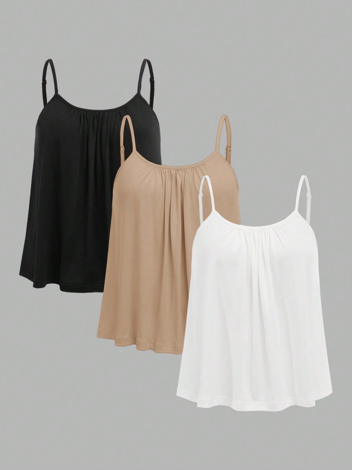 EZwear 3pcs/Set Plus Size Women's Solid Pleated Loose Camisole,Adjustable Straps Casual Summer Outfits,Black And White,Khaki,Beach Holiday,Family Matching