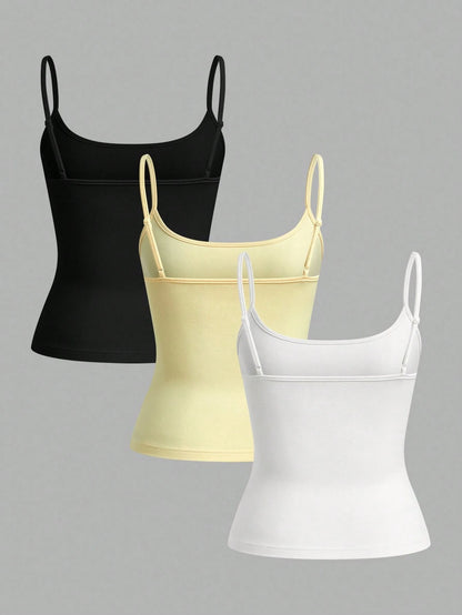 EZwear 3pcs/Set Women's Black, White, Cream Sleeveless Cropped Tight Fit Camisole Tank Tops, Suitable For Summer