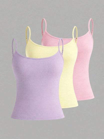 EZwear 3pcs/Set Women's Spaghetti Strap Cropped Camisole, Fitted Tank Tops For Summer, Pink/Yellow/Purple Pastel Women 3 Pack Cami Top