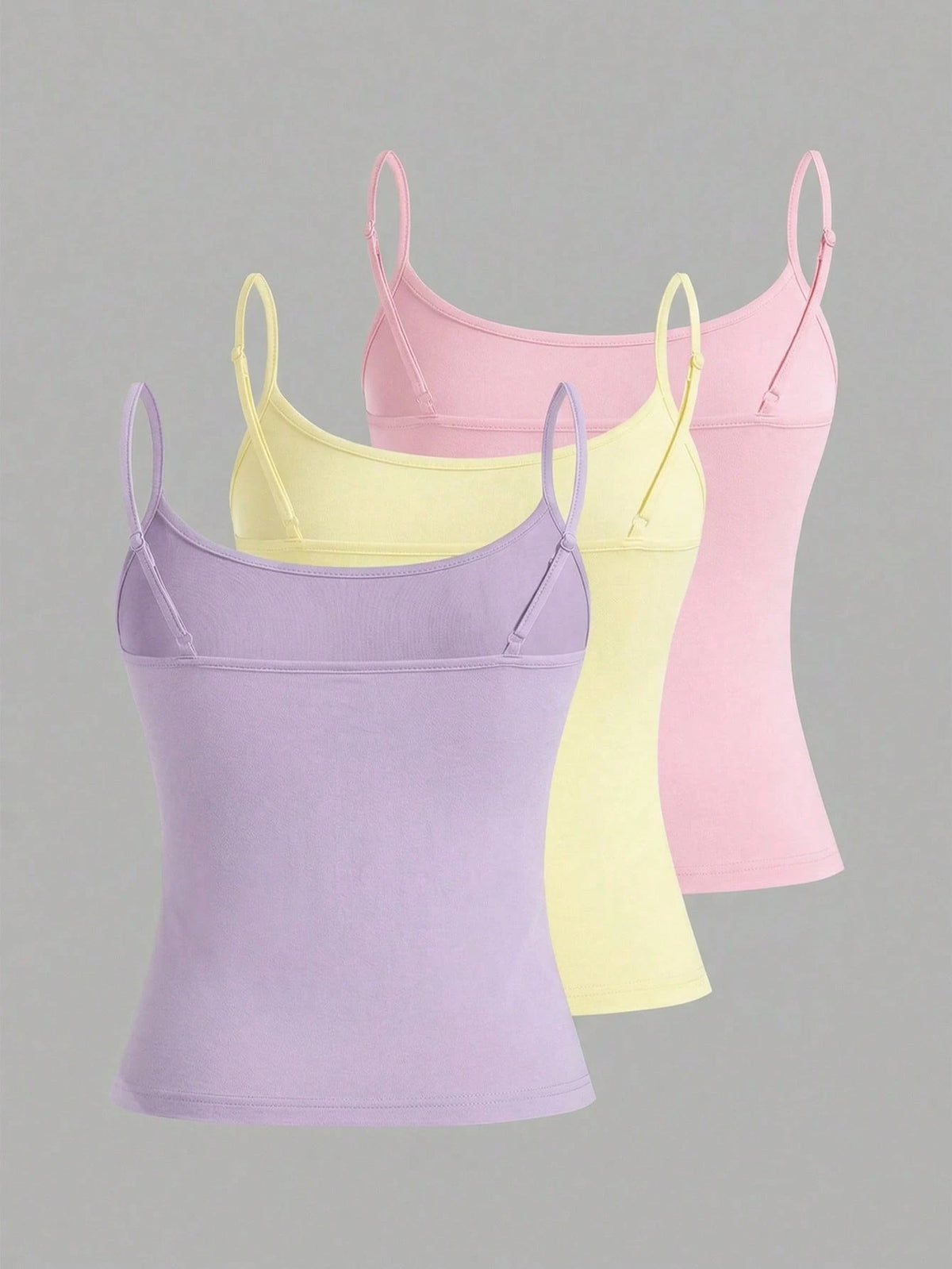EZwear 3pcs/Set Women's Spaghetti Strap Cropped Camisole, Fitted Tank Tops For Summer, Pink/Yellow/Purple Pastel Women 3 Pack Cami Top