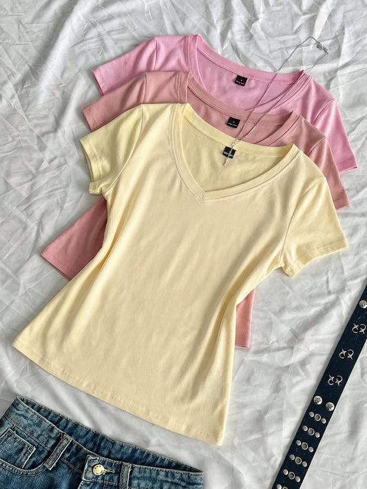 EZwear 3pcs/Set Women's Summer V-Neck Fitted T-Shirts, Punk Subculture Anime Solid Color Basic V-Neck Short Sleeve Slim Fit T-Shirts