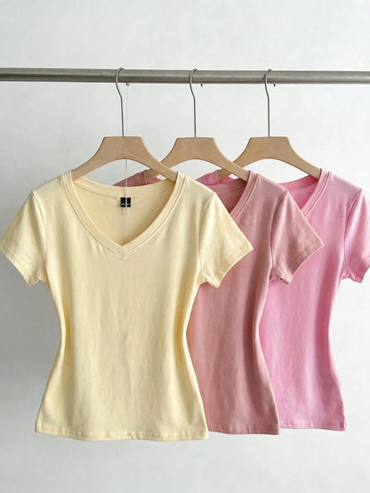 EZwear 3pcs/Set Women's Summer V-Neck Fitted T-Shirts, Punk Subculture Anime Solid Color Basic V-Neck Short Sleeve Slim Fit T-Shirts