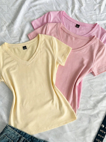 EZwear 3pcs/Set Women's Summer V-Neck Fitted T-Shirts, Punk Subculture Anime Solid Color Basic V-Neck Short Sleeve Slim Fit T-Shirts