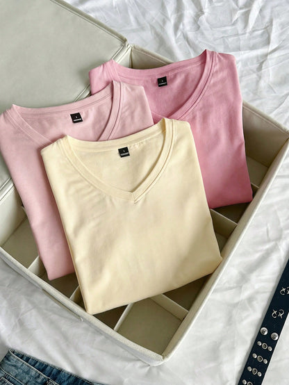 EZwear 3pcs/Set Women's Summer V-Neck Fitted T-Shirts, Punk Subculture Anime Solid Color Basic V-Neck Short Sleeve Slim Fit T-Shirts