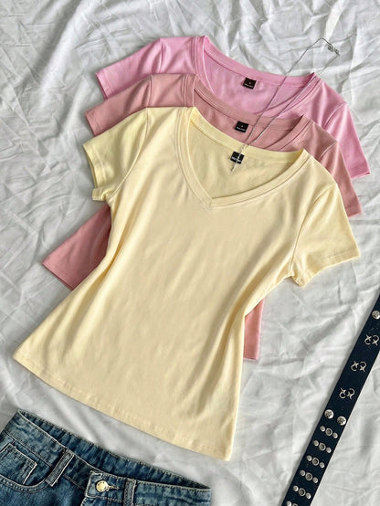 EZwear 3pcs/Set Women's Summer V-Neck Fitted T-Shirts, Punk Subculture Anime Solid Color Basic V-Neck Short Sleeve Slim Fit T-Shirts