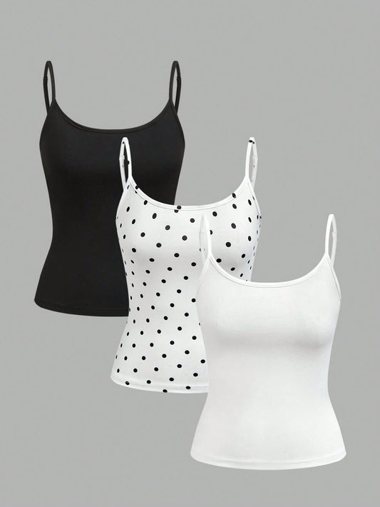 EZwear 3pcs Women's Retro White With Black Polka Dots Camisole Crop Top,Summer Casual Everyday Chic Music Festivals Y2K Beach Party Wedding Birthday Vacation