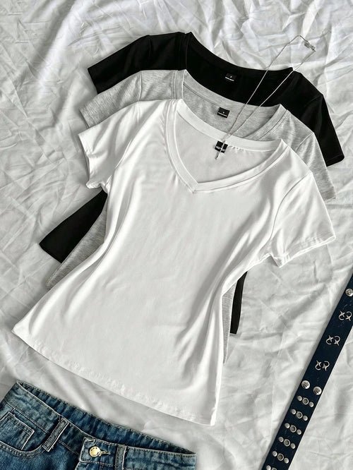 EZwear 3pcs Women's Summer V-Neck Tight T-Shirts, Punk Subculture Anime Solid Color Basic V-Neck Short Sleeve Slim Fit T-Shirts,Summer Top