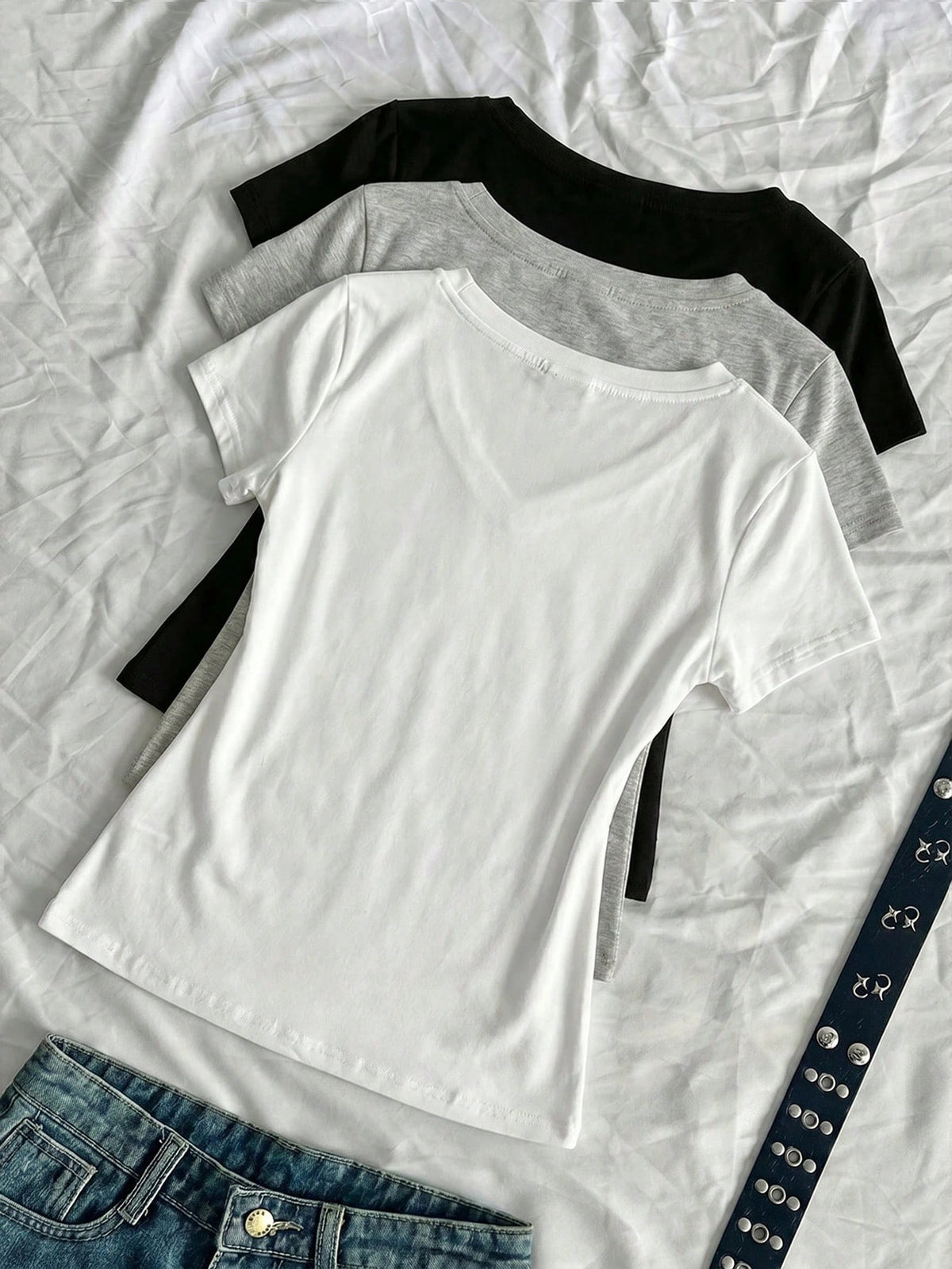EZwear 3pcs Women's Summer V-Neck Tight T-Shirts, Punk Subculture Anime Solid Color Basic V-Neck Short Sleeve Slim Fit T-Shirts,Summer Top
