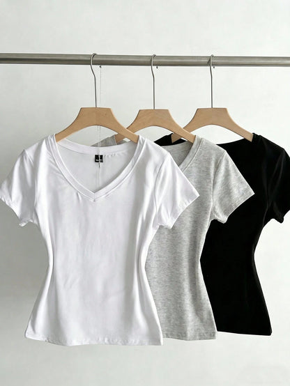 EZwear 3pcs Women's Summer V-Neck Tight T-Shirts, Punk Subculture Anime Solid Color Basic V-Neck Short Sleeve Slim Fit T-Shirts,Summer Top