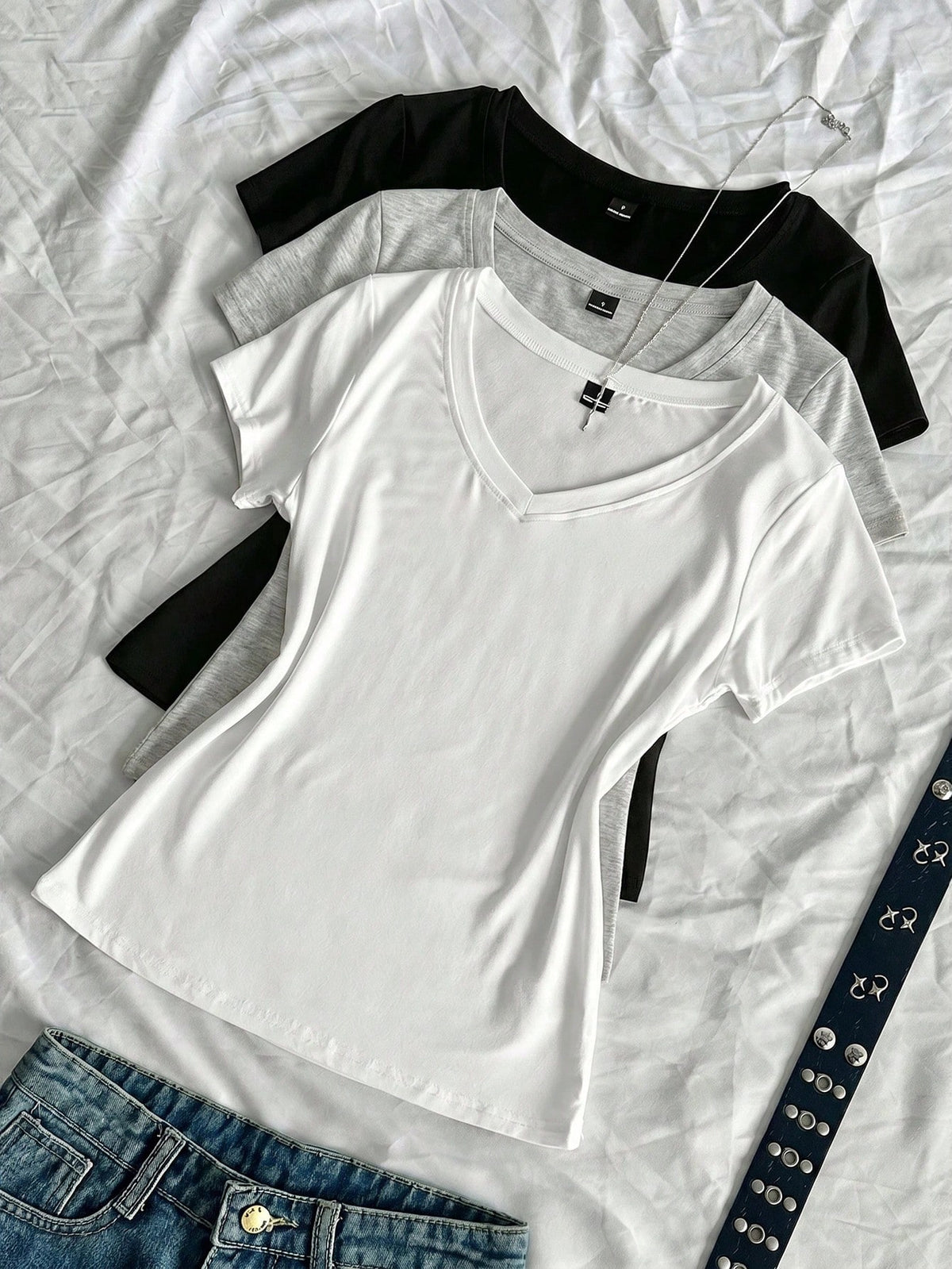 EZwear 3pcs Women's Summer V-Neck Tight T-Shirts, Punk Subculture Anime Solid Color Basic V-Neck Short Sleeve Slim Fit T-Shirts,Summer Top