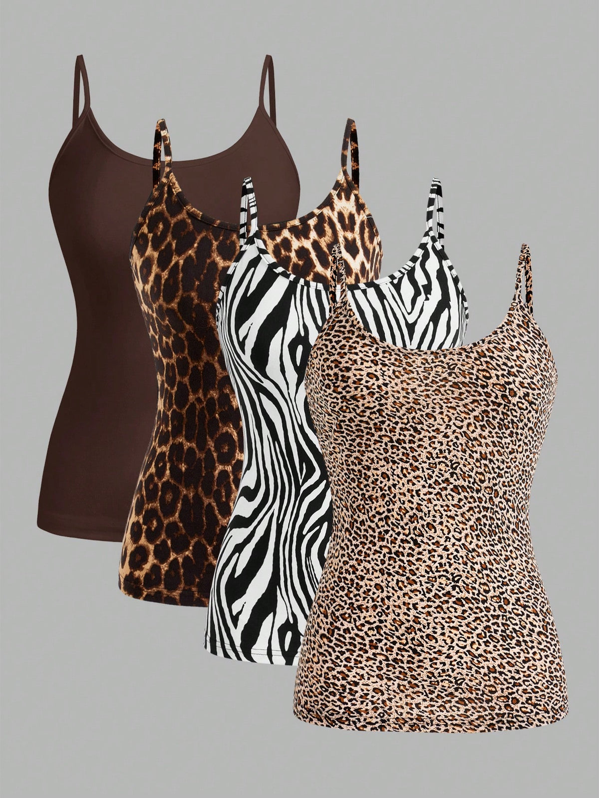 EZwear 4pcs Leopard & Zebra Printed Casual Minimalist Camisole Crop Top For Women, Suitable For Summer Back To School