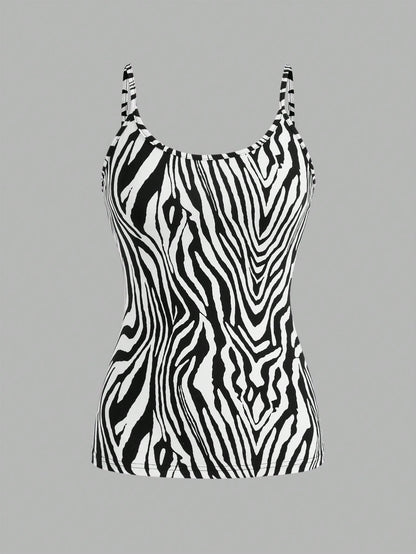 EZwear 4pcs Leopard & Zebra Printed Casual Minimalist Camisole Crop Top For Women, Suitable For Summer Back To School