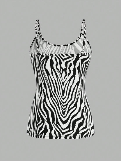 EZwear 4pcs Leopard & Zebra Printed Casual Minimalist Camisole Crop Top For Women, Suitable For Summer Back To School
