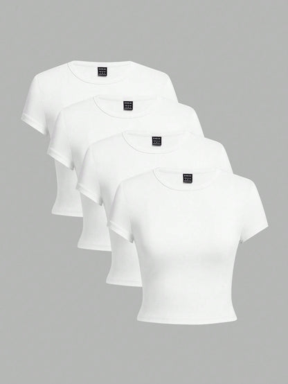 EZwear 4pcs/Set White Casual Round Neck Raglan Short Sleeve Fitted Women T-Shirts, Suitable For Summer