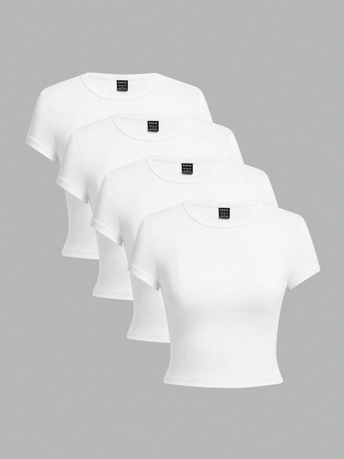 EZwear 4pcs/Set White Casual Round Neck Raglan Short Sleeve Fitted Women T-Shirts, Suitable For Summer