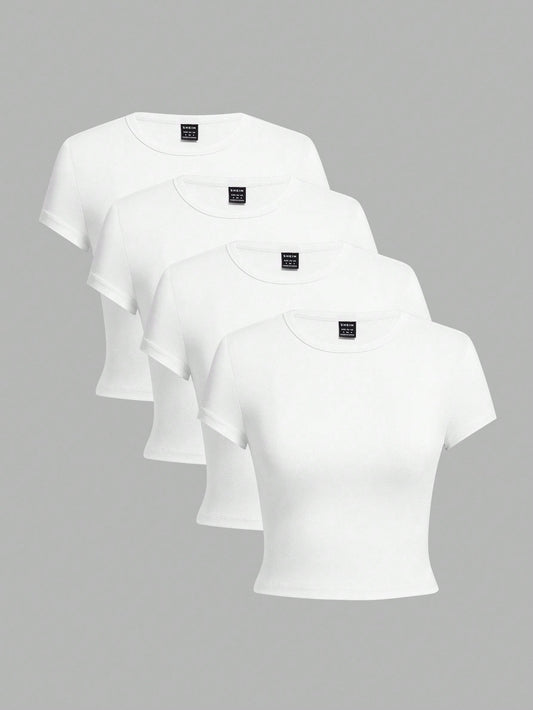 EZwear 4pcs/Set White Casual Round Neck Raglan Short Sleeve Fitted Women T-Shirts, Suitable For Summer