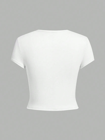 EZwear 4pcs/Set White Casual Round Neck Raglan Short Sleeve Fitted Women T-Shirts, Suitable For Summer