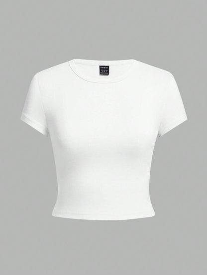 EZwear 4pcs/Set White Casual Round Neck Raglan Short Sleeve Fitted Women T-Shirts, Suitable For Summer