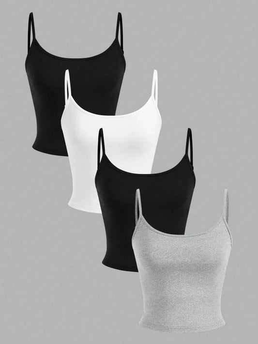 EZwear 4pcs Simple Slim-Fit Casual Crop Cami Top, Summer Back To School