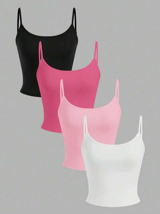 EZwear 4pcs Women Solid Color Crop Tank Top, Black, White, Pink, Rose Red, Casual Fitted Summer
