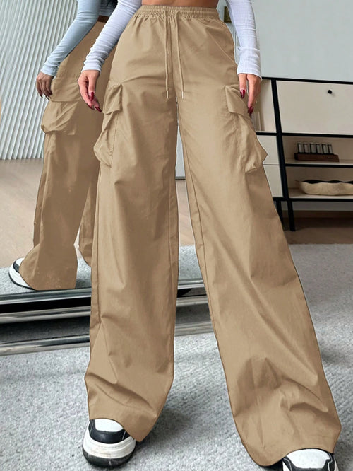 EZwear Casual Solid Color High-Waist Wide Leg Woven Women Long Pants