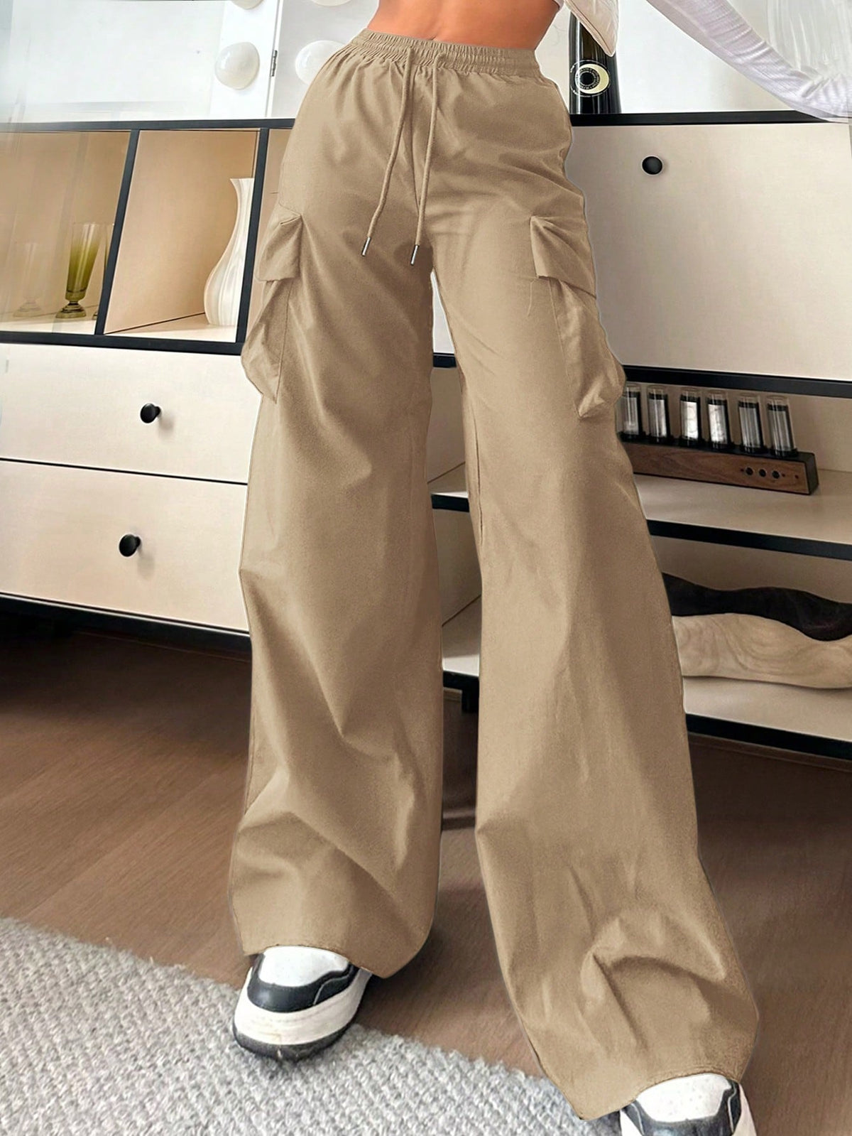 EZwear Casual Solid Color High-Waist Wide Leg Woven Women Long Pants