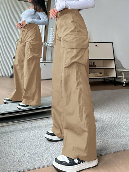 EZwear Casual Solid Color High-Waist Wide Leg Woven Women Long Pants