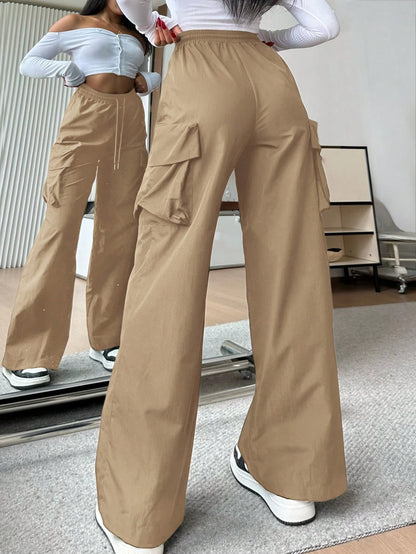 EZwear Casual Solid Color High-Waist Wide Leg Woven Women Long Pants