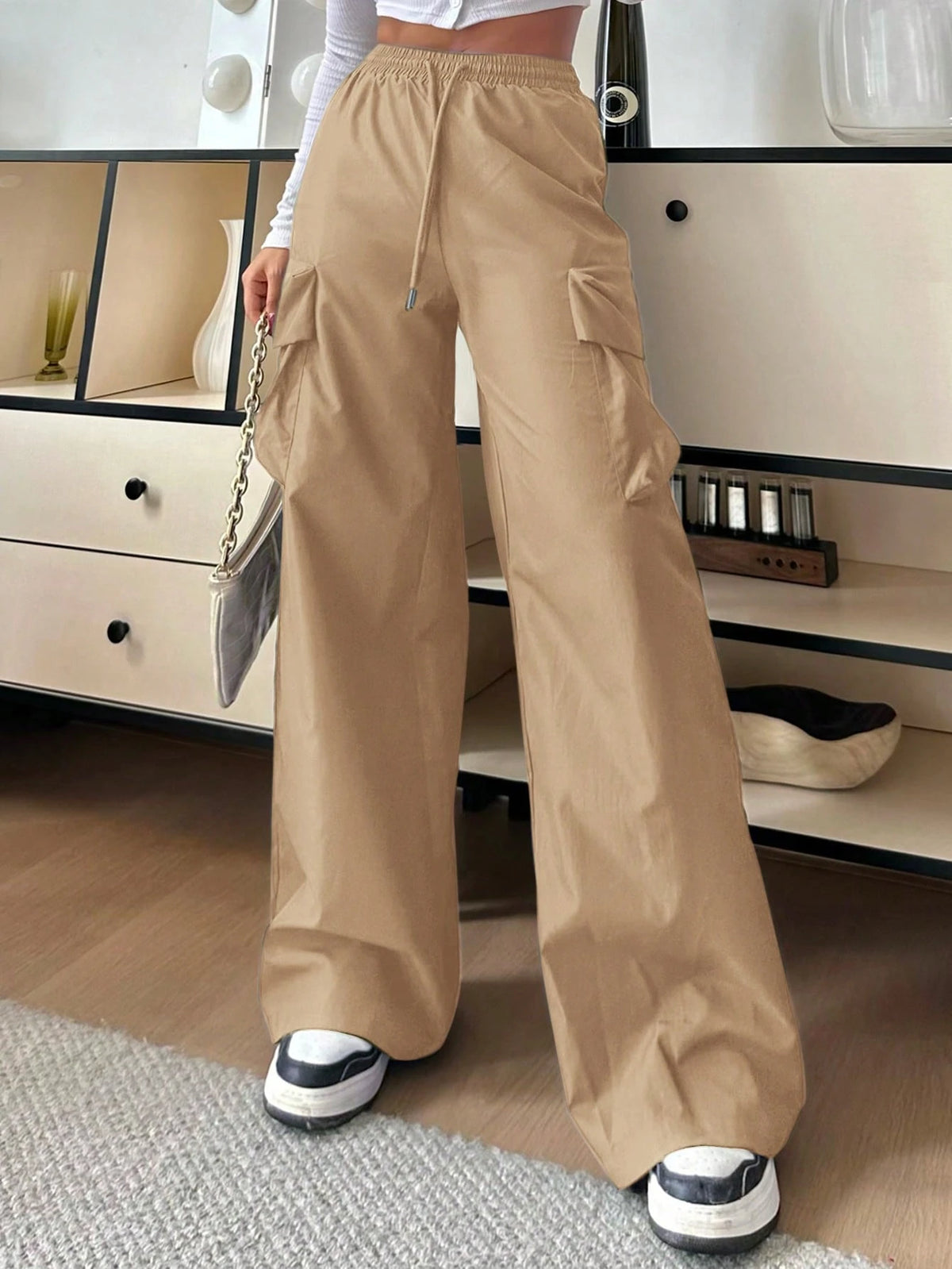 EZwear Casual Solid Color High-Waist Wide Leg Woven Women Long Pants