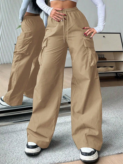 EZwear Casual Solid Color High-Waist Wide Leg Woven Women Long Pants
