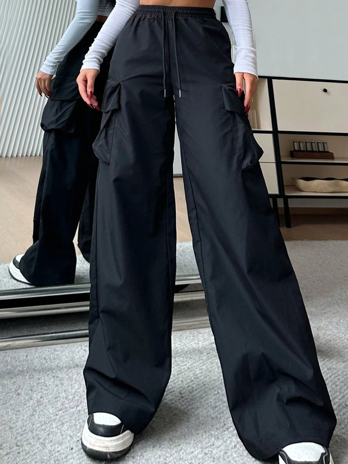 EZwear Casual Solid Color High-Waist Wide Leg Woven Women Long Pants
