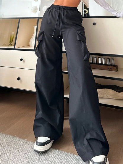 EZwear Casual Solid Color High-Waist Wide Leg Woven Women Long Pants