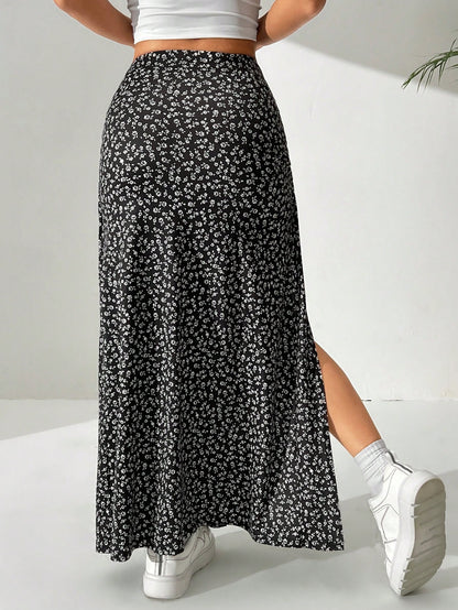 EZwear Ditsy Floral Long Split Hem Skirt
