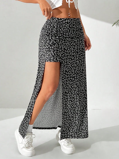 EZwear Ditsy Floral Long Split Hem Skirt